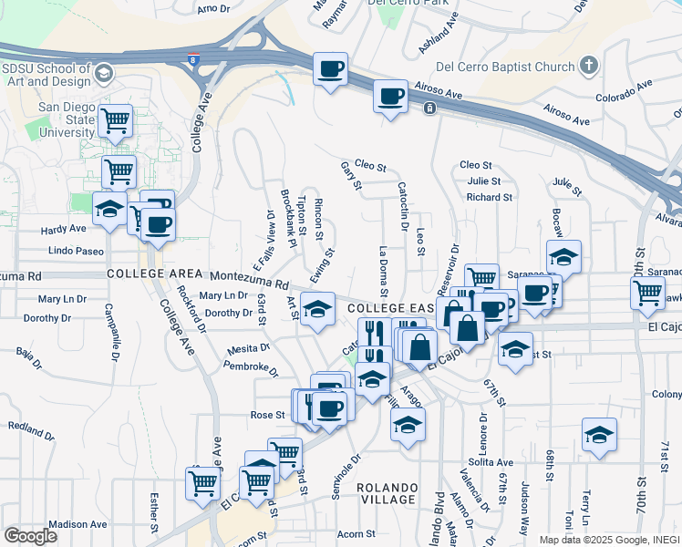 map of restaurants, bars, coffee shops, grocery stores, and more near 5119 Ewing Street in San Diego