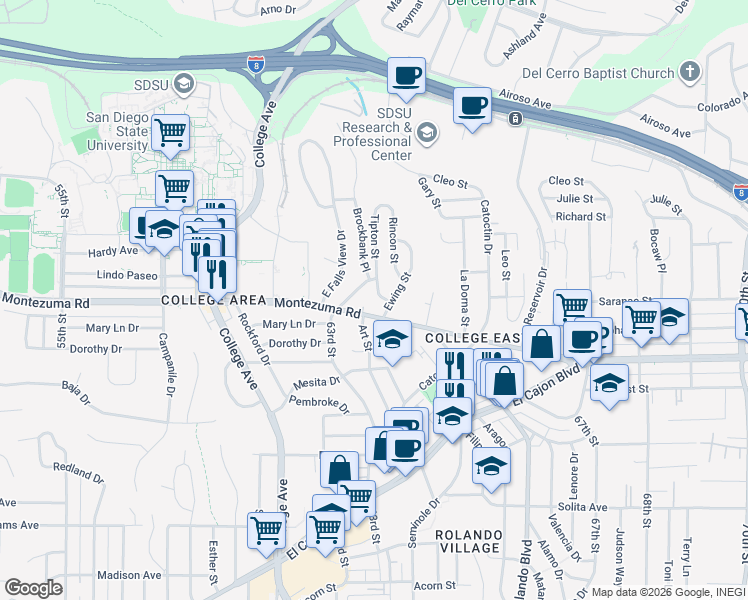 map of restaurants, bars, coffee shops, grocery stores, and more near 6330 Montezuma Road in San Diego