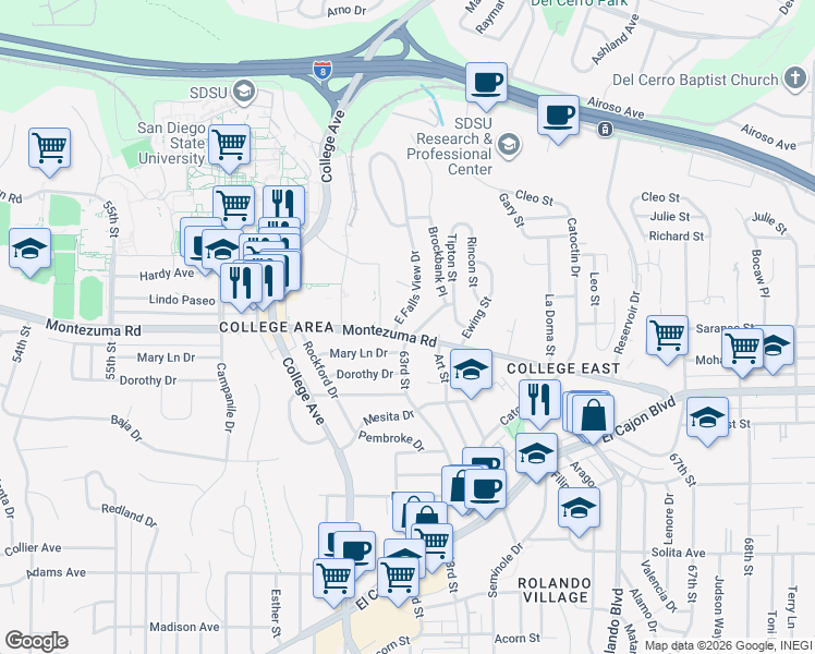 map of restaurants, bars, coffee shops, grocery stores, and more near in San Diego