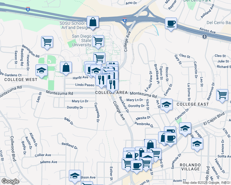 map of restaurants, bars, coffee shops, grocery stores, and more near 6055 Montezuma Road in San Diego