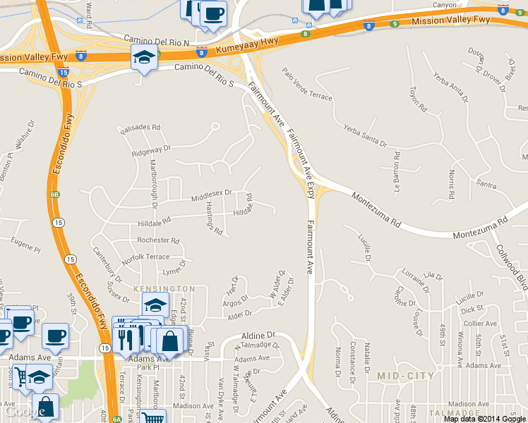 map of restaurants, bars, coffee shops, grocery stores, and more near 4349 Hilldale Road in San Diego