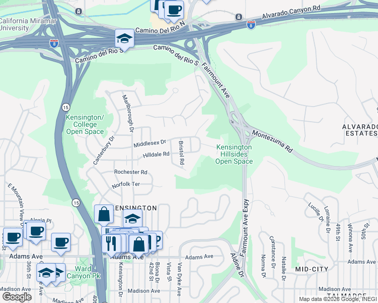 map of restaurants, bars, coffee shops, grocery stores, and more near 4301 Hilldale Road in San Diego
