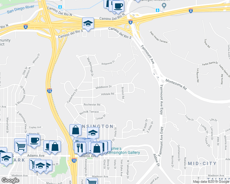 map of restaurants, bars, coffee shops, grocery stores, and more near 4237 Hilldale Road in San Diego
