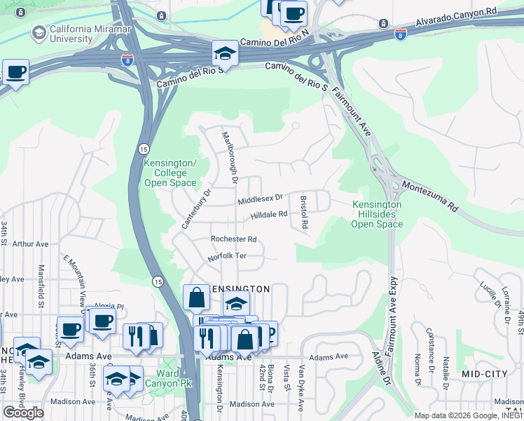 map of restaurants, bars, coffee shops, grocery stores, and more near 4179 Hilldale Road in San Diego