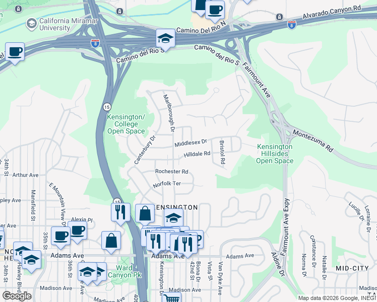 map of restaurants, bars, coffee shops, grocery stores, and more near 4180-4186 Hilldale Road in San Diego