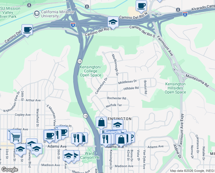 map of restaurants, bars, coffee shops, grocery stores, and more near 4076 Hilldale Road in San Diego