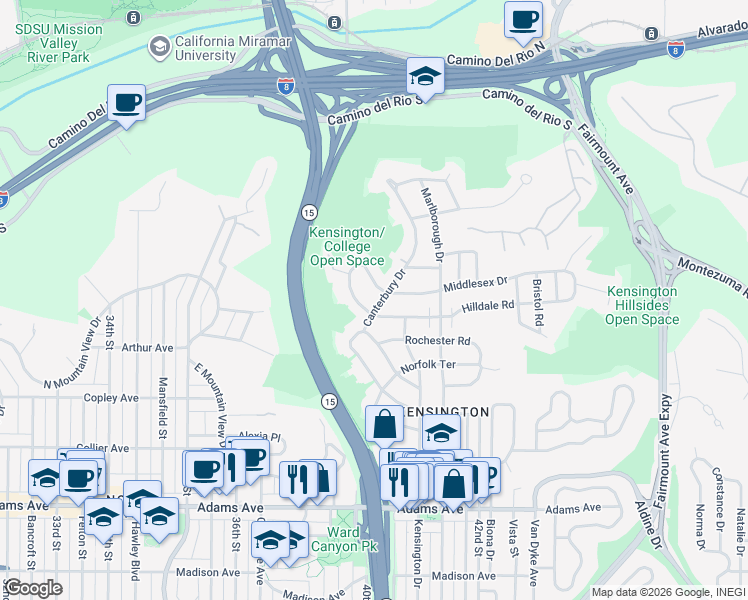 map of restaurants, bars, coffee shops, grocery stores, and more near 5102 Canterbury Drive in San Diego