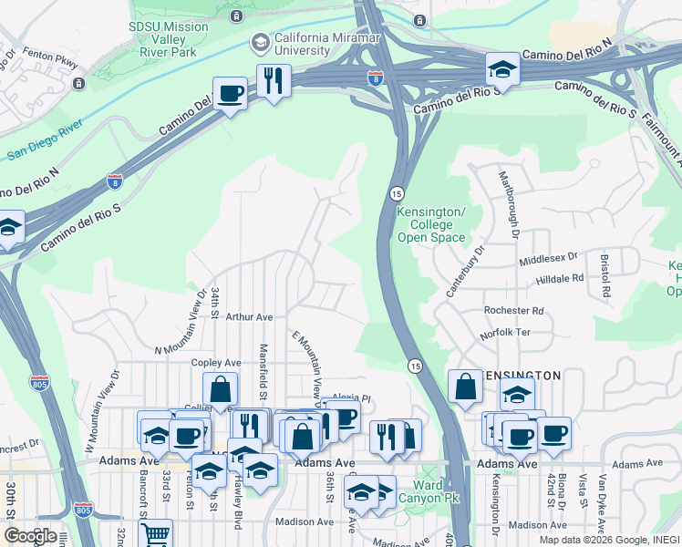 map of restaurants, bars, coffee shops, grocery stores, and more near 3588 Sydney Place in San Diego