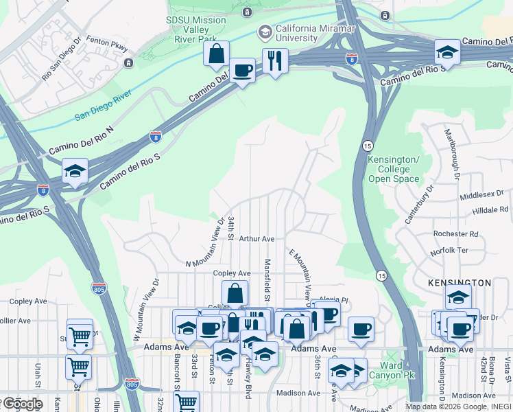 map of restaurants, bars, coffee shops, grocery stores, and more near 5070 Mansfield Street in San Diego