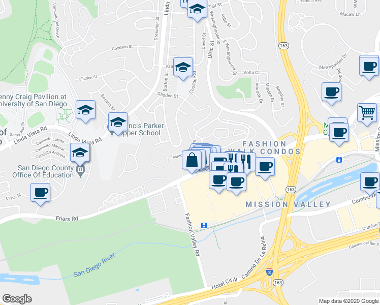 map of restaurants, bars, coffee shops, grocery stores, and more near 6803 Fashion Hills Boulevard in San Diego