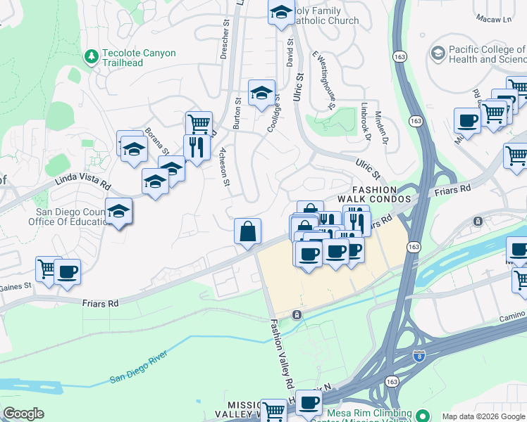 map of restaurants, bars, coffee shops, grocery stores, and more near 6803 Fashion Hills Boulevard in San Diego