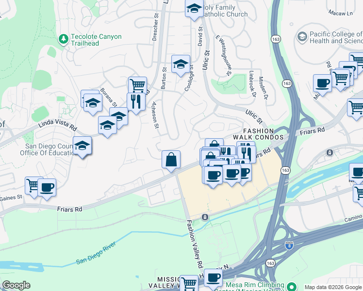 map of restaurants, bars, coffee shops, grocery stores, and more near 6803 Fashion Hills Boulevard in San Diego
