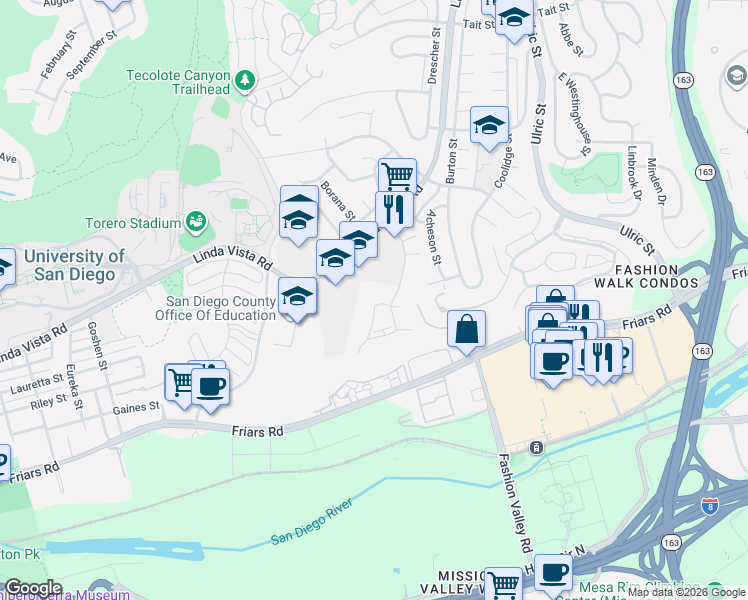 map of restaurants, bars, coffee shops, grocery stores, and more near 1430 Northrim Court in San Diego