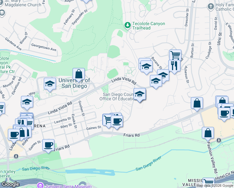 map of restaurants, bars, coffee shops, grocery stores, and more near 6243 Caminito Andreta in San Diego