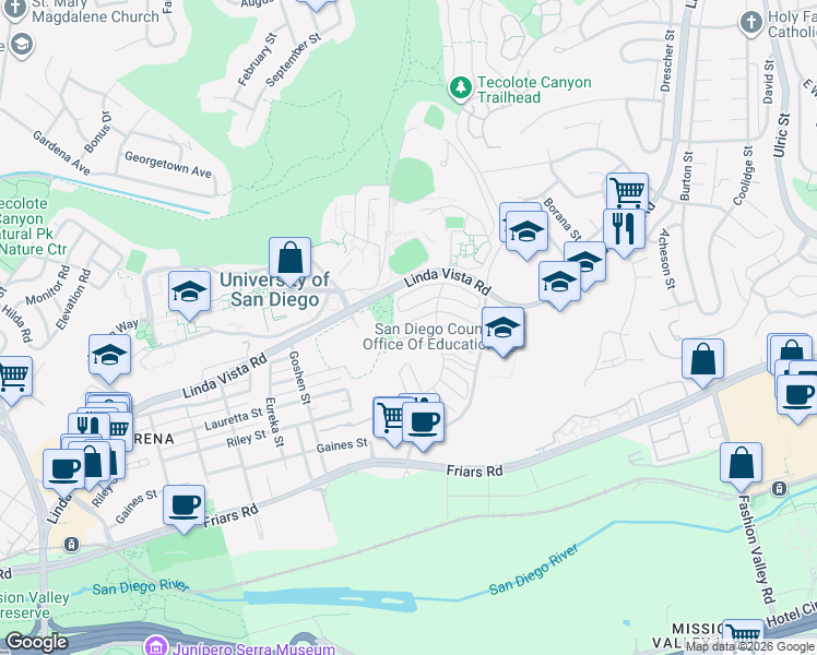 map of restaurants, bars, coffee shops, grocery stores, and more near 6243 Caminito Andreta in San Diego