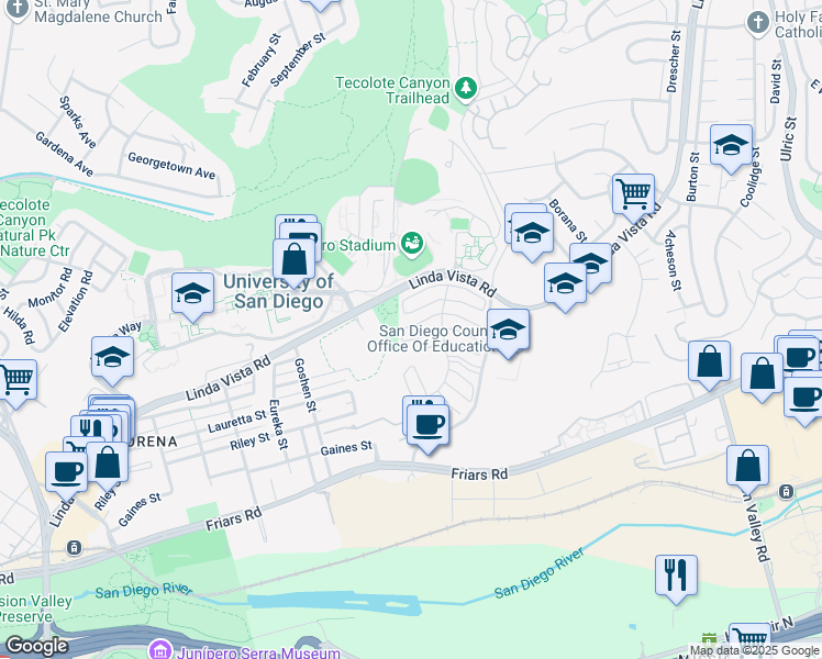 map of restaurants, bars, coffee shops, grocery stores, and more near 6243 Caminito Andreta in San Diego