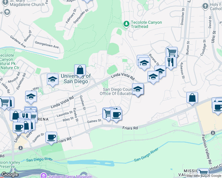 map of restaurants, bars, coffee shops, grocery stores, and more near 6204 Caminito Andreta in San Diego