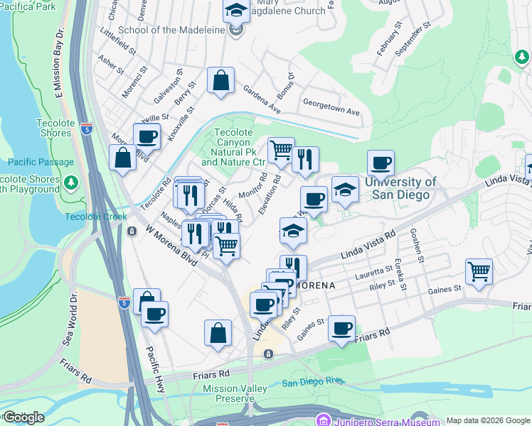 map of restaurants, bars, coffee shops, grocery stores, and more near 1389 Elevation Road in San Diego