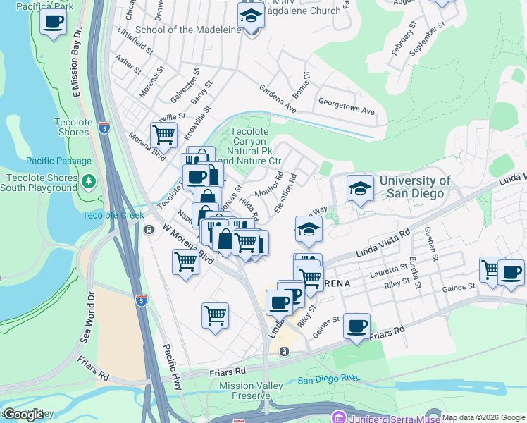 map of restaurants, bars, coffee shops, grocery stores, and more near 5165 Ellsworth Street in San Diego