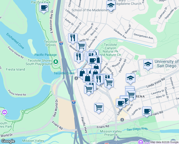 map of restaurants, bars, coffee shops, grocery stores, and more near 1255 West Morena Boulevard in San Diego