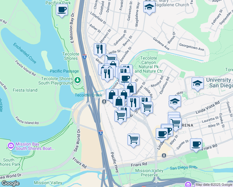 map of restaurants, bars, coffee shops, grocery stores, and more near 1303 West Morena Boulevard in San Diego