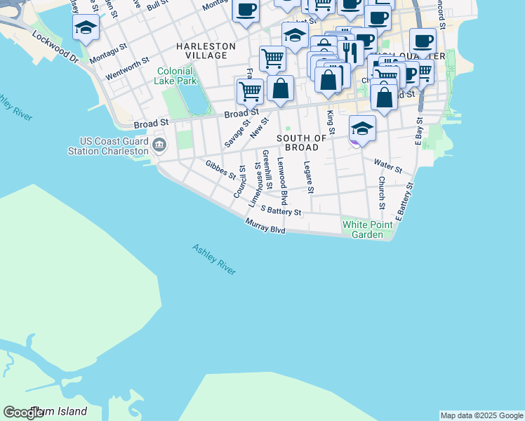 map of restaurants, bars, coffee shops, grocery stores, and more near 83 South Battery in Charleston