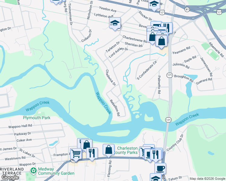 map of restaurants, bars, coffee shops, grocery stores, and more near 6 Dade Drive in Charleston