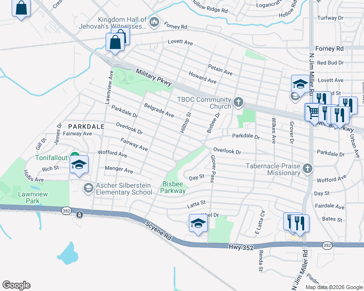map of restaurants, bars, coffee shops, grocery stores, and more near 6323 Overlook Drive in Dallas