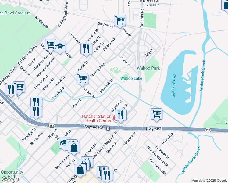 map of restaurants, bars, coffee shops, grocery stores, and more near 3200 Junction Street in Dallas