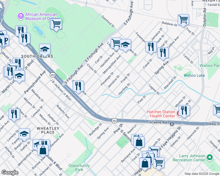 map of restaurants, bars, coffee shops, grocery stores, and more near 3635 Frank Street in Dallas