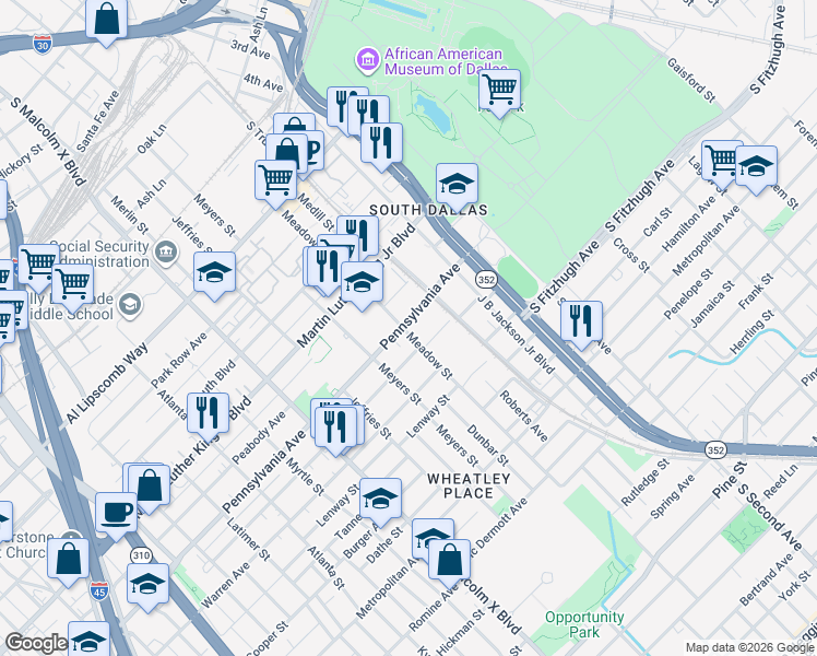 map of restaurants, bars, coffee shops, grocery stores, and more near 3018 Pennsylvania Avenue in Dallas