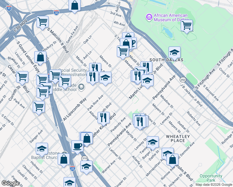 map of restaurants, bars, coffee shops, grocery stores, and more near 2811 South Boulevard in Dallas