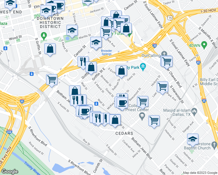 map of restaurants, bars, coffee shops, grocery stores, and more near 1406 South Akard Street in Dallas