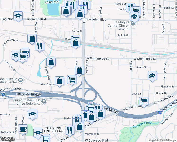 map of restaurants, bars, coffee shops, grocery stores, and more near 1907 Brundrette Street in Dallas