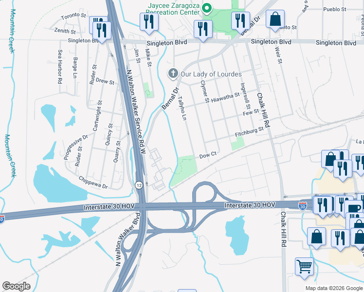 map of restaurants, bars, coffee shops, grocery stores, and more near 5880 Bernal Drive in Dallas