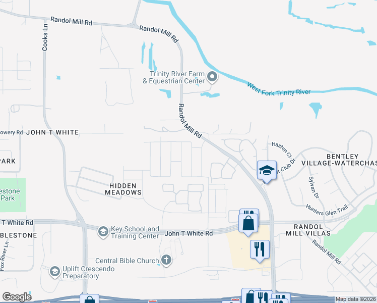 map of restaurants, bars, coffee shops, grocery stores, and more near 620 Mud Lake Trail in Fort Worth