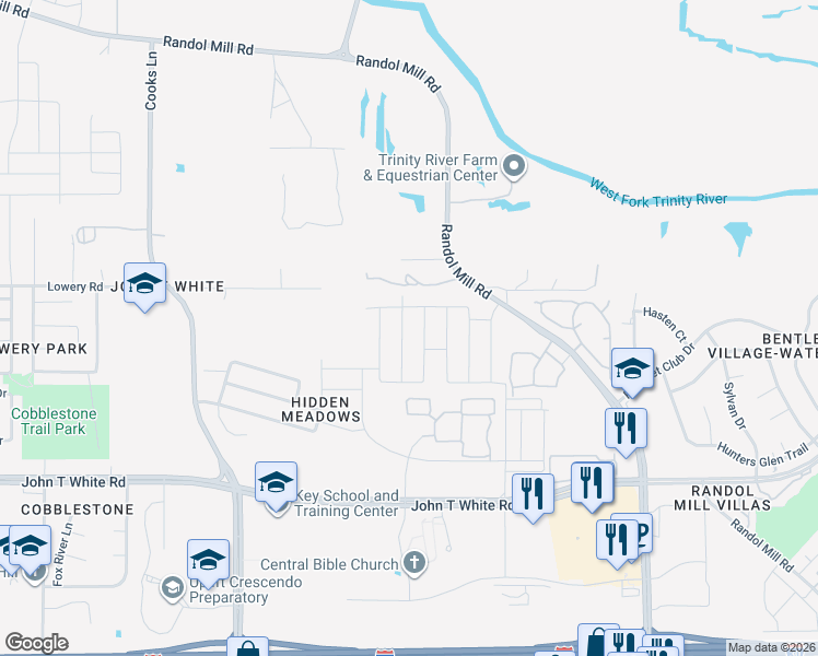 map of restaurants, bars, coffee shops, grocery stores, and more near 624 Stanmire Lake Trail in Fort Worth