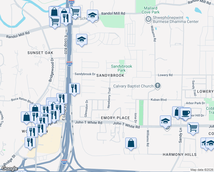 map of restaurants, bars, coffee shops, grocery stores, and more near 6962 Fallbrook Court in Fort Worth