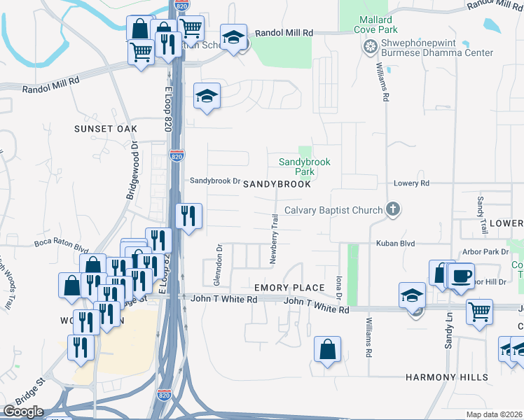map of restaurants, bars, coffee shops, grocery stores, and more near 6962 Fallbrook Court in Fort Worth