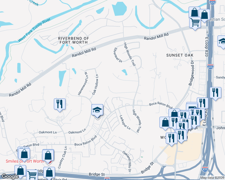 map of restaurants, bars, coffee shops, grocery stores, and more near 6012 Lantana Lane in Fort Worth