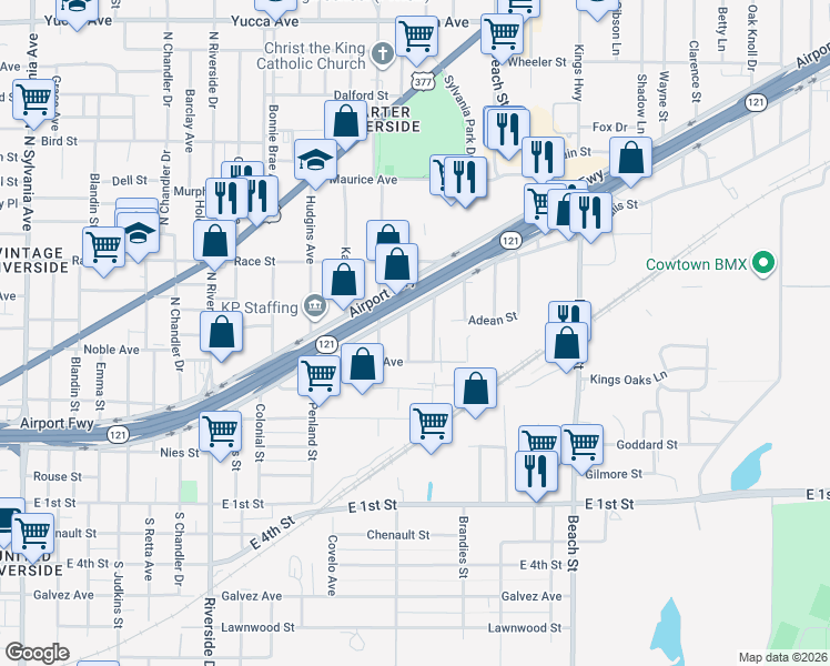 map of restaurants, bars, coffee shops, grocery stores, and more near 413 Cartwright Avenue in Fort Worth