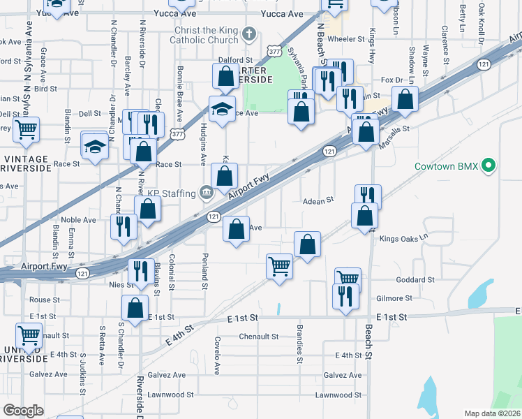 map of restaurants, bars, coffee shops, grocery stores, and more near 413 Cartwright Avenue in Fort Worth