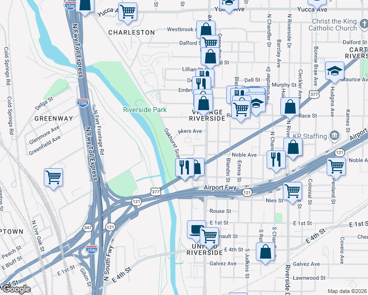 map of restaurants, bars, coffee shops, grocery stores, and more near 2407 Gillis Street in Fort Worth
