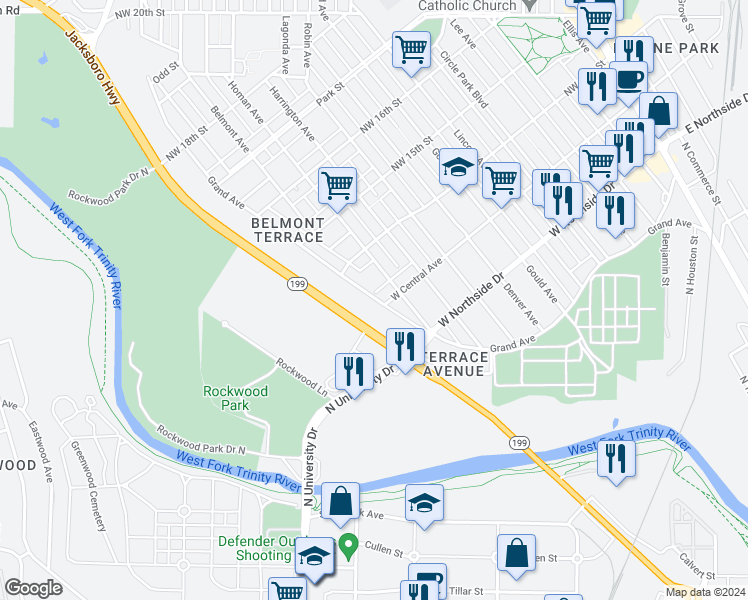 map of restaurants, bars, coffee shops, grocery stores, and more near 1323 Grand Avenue in Fort Worth