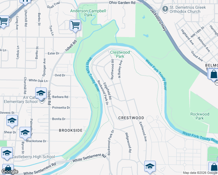 map of restaurants, bars, coffee shops, grocery stores, and more near 732 Edgefield Road in Fort Worth