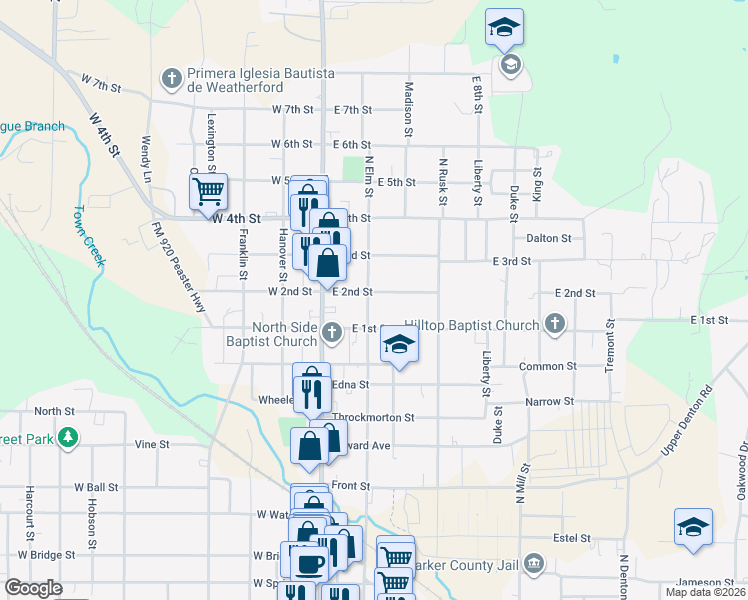 map of restaurants, bars, coffee shops, grocery stores, and more near 1011 North Elm Street in Weatherford