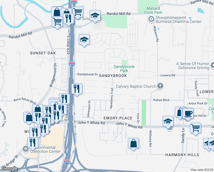 map of restaurants, bars, coffee shops, grocery stores, and more near 6963 Fallbrook Court West in Fort Worth