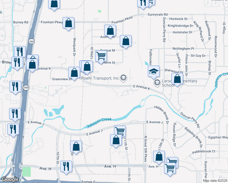 map of restaurants, bars, coffee shops, grocery stores, and more near 3001 East Avenue K in Grand Prairie