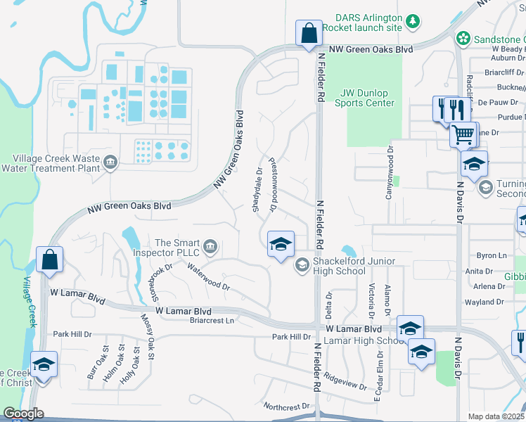 map of restaurants, bars, coffee shops, grocery stores, and more near 2202 Shadydale Drive in Arlington