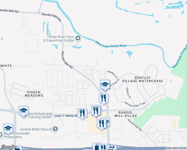 map of restaurants, bars, coffee shops, grocery stores, and more near 8401 Randol Mill Road in Fort Worth